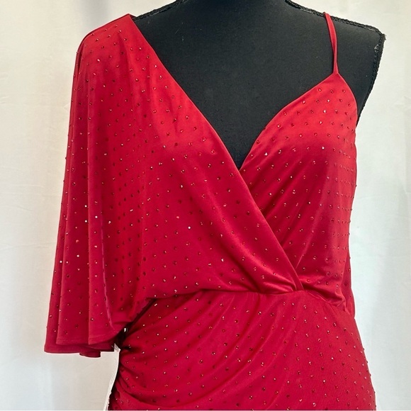 Marciano for Guess red crystal rhinestone embellished one shoulder ruched dress - Picture 6 of 17